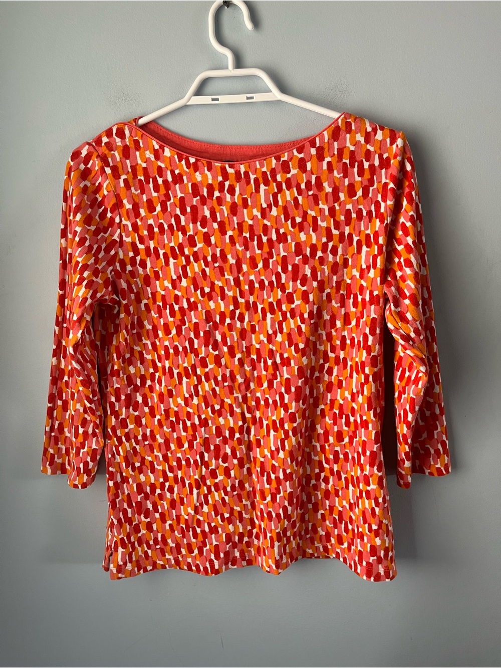 ✨ 3/$30 Lands' End Red Orange Abstract-Print 100% Cotton 3/4 Sleeve Top Size M